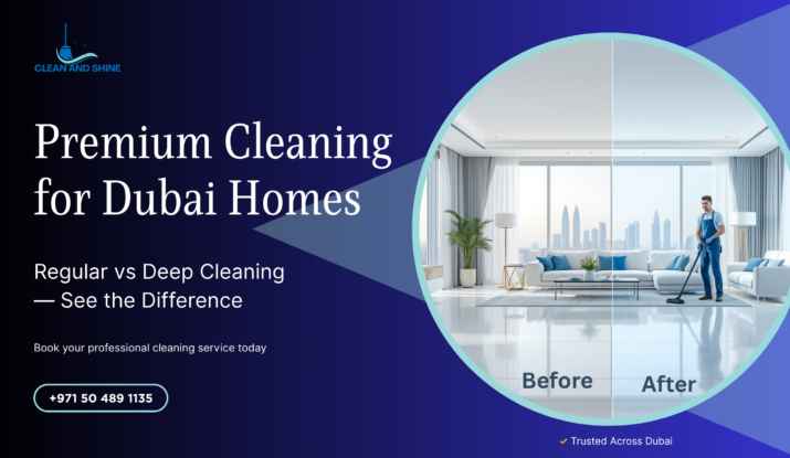 Before and after comparison of a Dubai living room showing the difference between regular cleaning and professional deep cleaning by Clean & Shine Services.