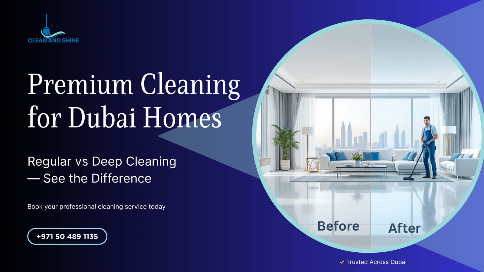 Before and after comparison of a Dubai living room showing the difference between regular cleaning and professional deep cleaning by Clean & Shine Services.