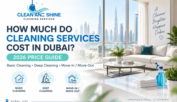 2026 Dubai cleaning services price guide by Clean & Shine Cleaning Services showing basic, deep, and move-in move-out cleaning