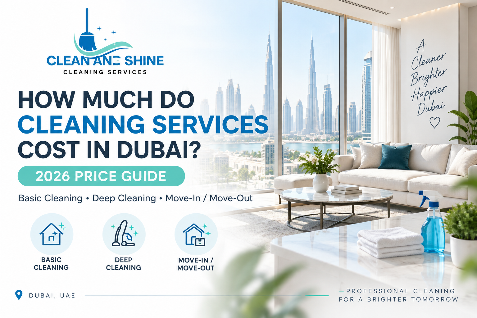 2026 Dubai cleaning services price guide by Clean & Shine Cleaning Services showing basic, deep, and move-in move-out cleaning